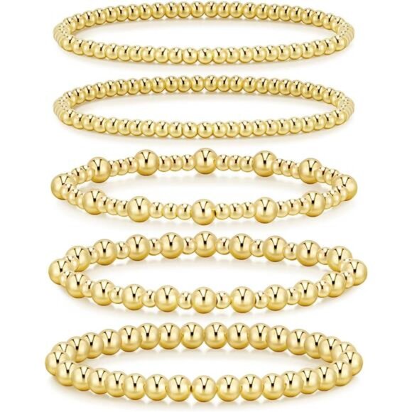 14K Gold Plated Beaded Bracelets for Women - Gold Stretch Bead Ball - Picture 1 of 6